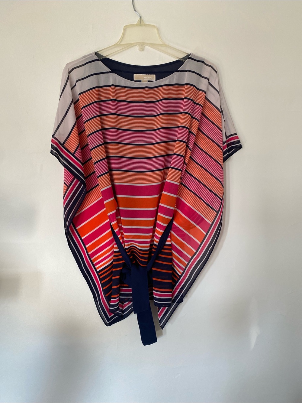 Michael Kors Pink Coral and Navy Striped Tie-Front Blouse